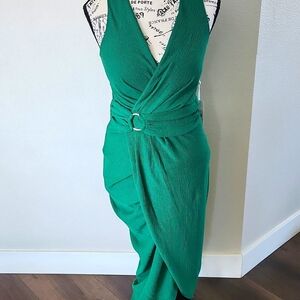 128$ Siena Women's Faux-Wrap O-Ring Party Bodycon Midi Dress Size 4 Green